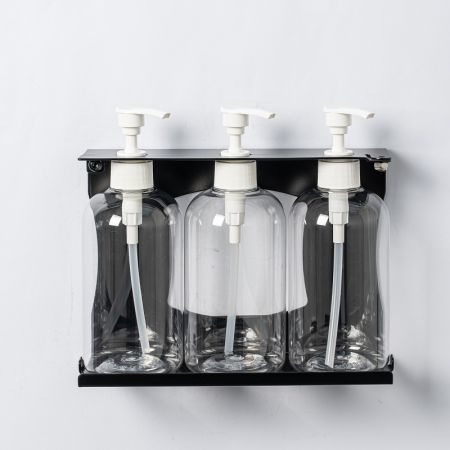 三瓶霧黑旅宿專用瓶罐架 - 不銹鋼單鎖型三瓶沐浴罐收納架霧黑